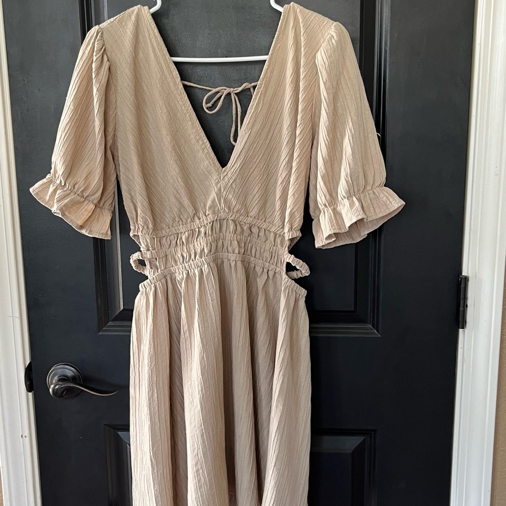 Blush Beige Mini Dress with Puff Sleeves